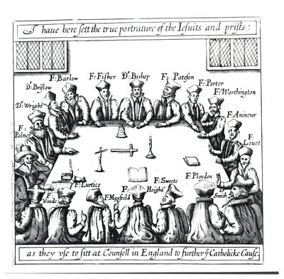 Portraits of the Jesuits and Priests as They Use to Sit in Counsel in England to Further the Catholic Cause by English School